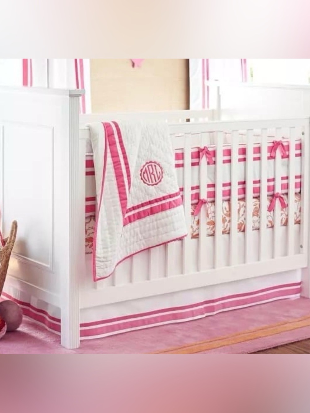 NWT Pottery Barn Baby Organic Harper Crib Skirt Pink Ribbon Trim Girl Classic